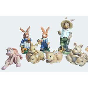 7 Decorative Bunny Figurines Garden-Themed Playful Poses  Spring Easter Displays